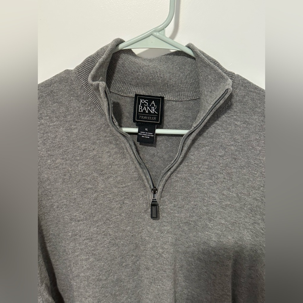 Jos. A. Bank Traveler 100% Pima Cotton Mock Neck Grey Zip-Up Sweater - Picture 2 of 8